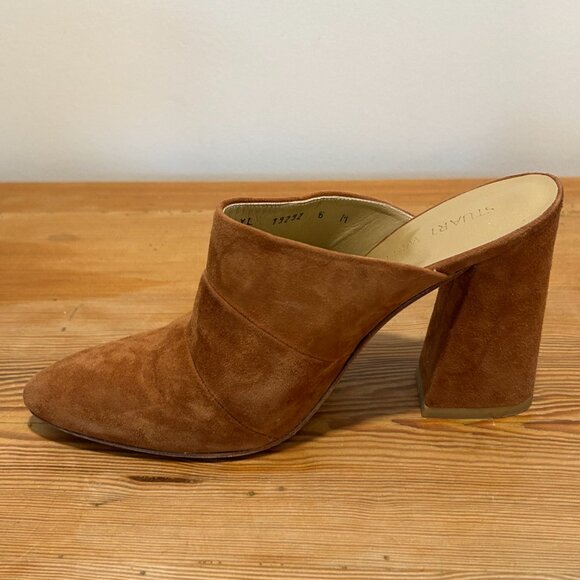 Stuart Weitzman Camel Suede Block Heel Mules | Leather Soles | Made in Spain - Picture 6 of 9
